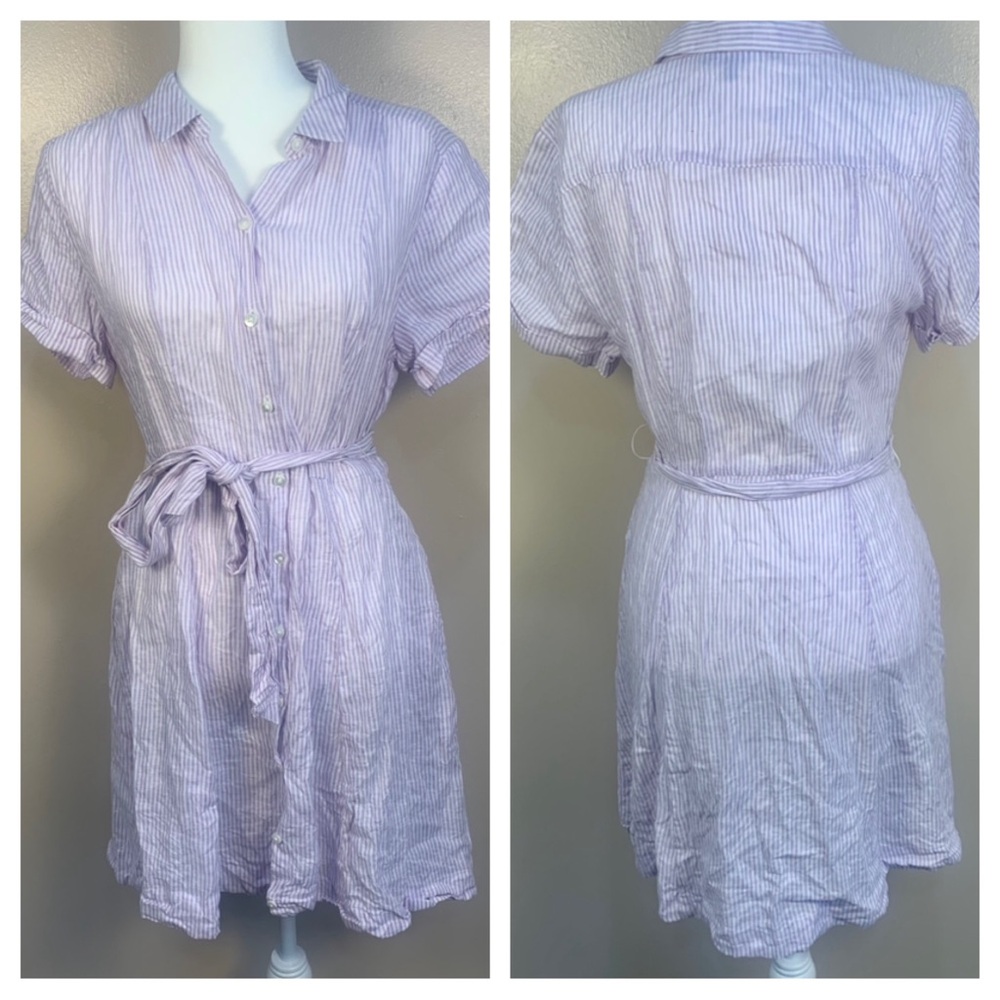 Hill House Striped Collared Button Front Belted Dress